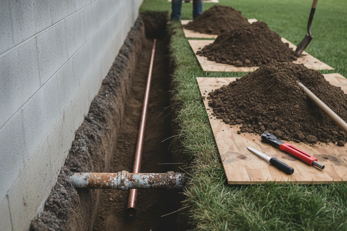 Excavated water line trench during Sewer Line Repair in Buda